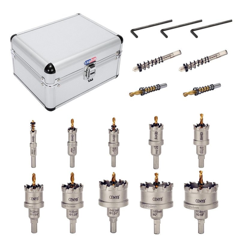 cenyb 10Pcs (16-54mm) TCT Carbide Hole Saw Kit for Hard Metals. Includes 2 Titanium, 1 Stepped Pilot Drill Bit, and 2 Hex Keys. Ideal for Stainless Steel, Iron, Aluminum, Alloys, and Other Metals - Image 1